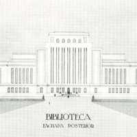 Fotografía del alzado de la fachada posterior del edificio de la Biblioteca de la Ciudad Universitaria de Madrid.