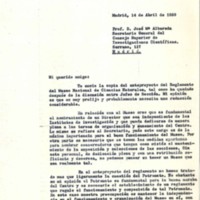 Carta enviada al profesor José María Albareda con comentarios al proyecto de Reglamento del Museo de Ciencias Naturales, AGUCM, 161/19-1.