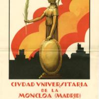 Cartel representando a la diosa Atenea. Al pie: "Ciudad Universitaria de la Moncloa (Madrid) sorteo de grandes premios de 17 de mayo de 1928.  Aquí se venden billetes"
