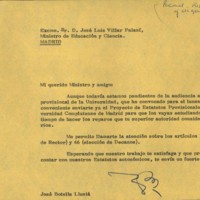 Copia de la carta del rector al ministro Villar-Palasí, adjuntando el proyecto de estatutos