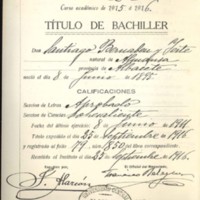 Expediente de título de bachillerato de Santiago Bernabéu Yeste, 1916.