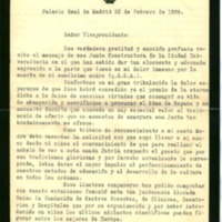 Escrito del rey Alfonso XIII agradeciendo a la Junta Constructora el pésame dado por la muerte de la reina Mª Cristina