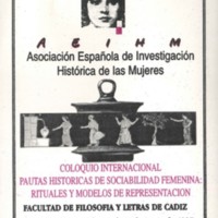 Anverso del folleto del Coloquio de la  Asociación de Investigación Histórica de las Mujeres. AGUCM 112/19-11